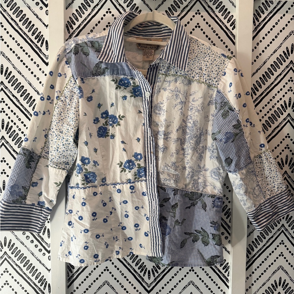 New Directions Blue and White Patchwork Blouse